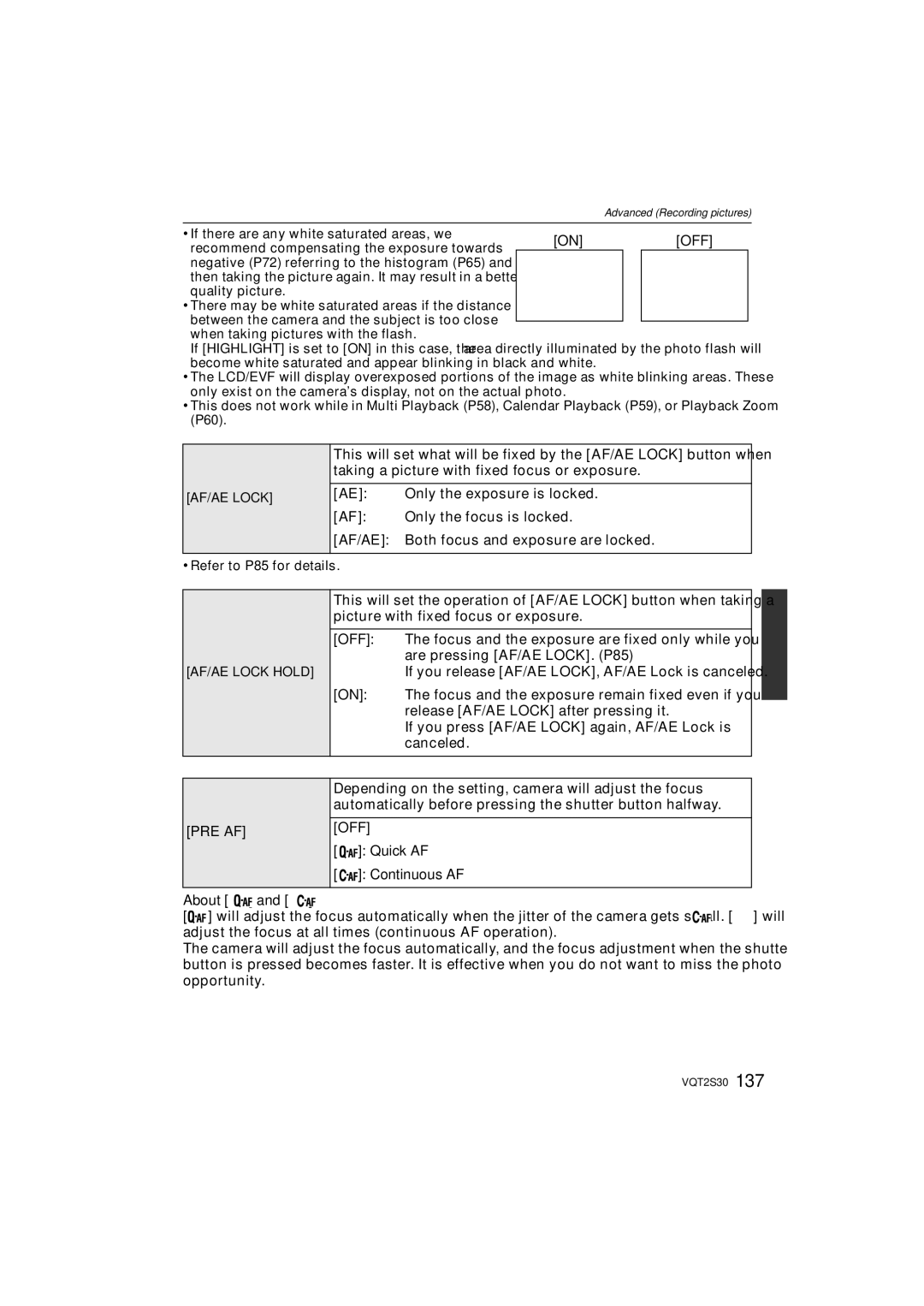 Panasonic DMC-G2K operating instructions Af/Ae, Pre Af, Quick AF Continuous AF About 