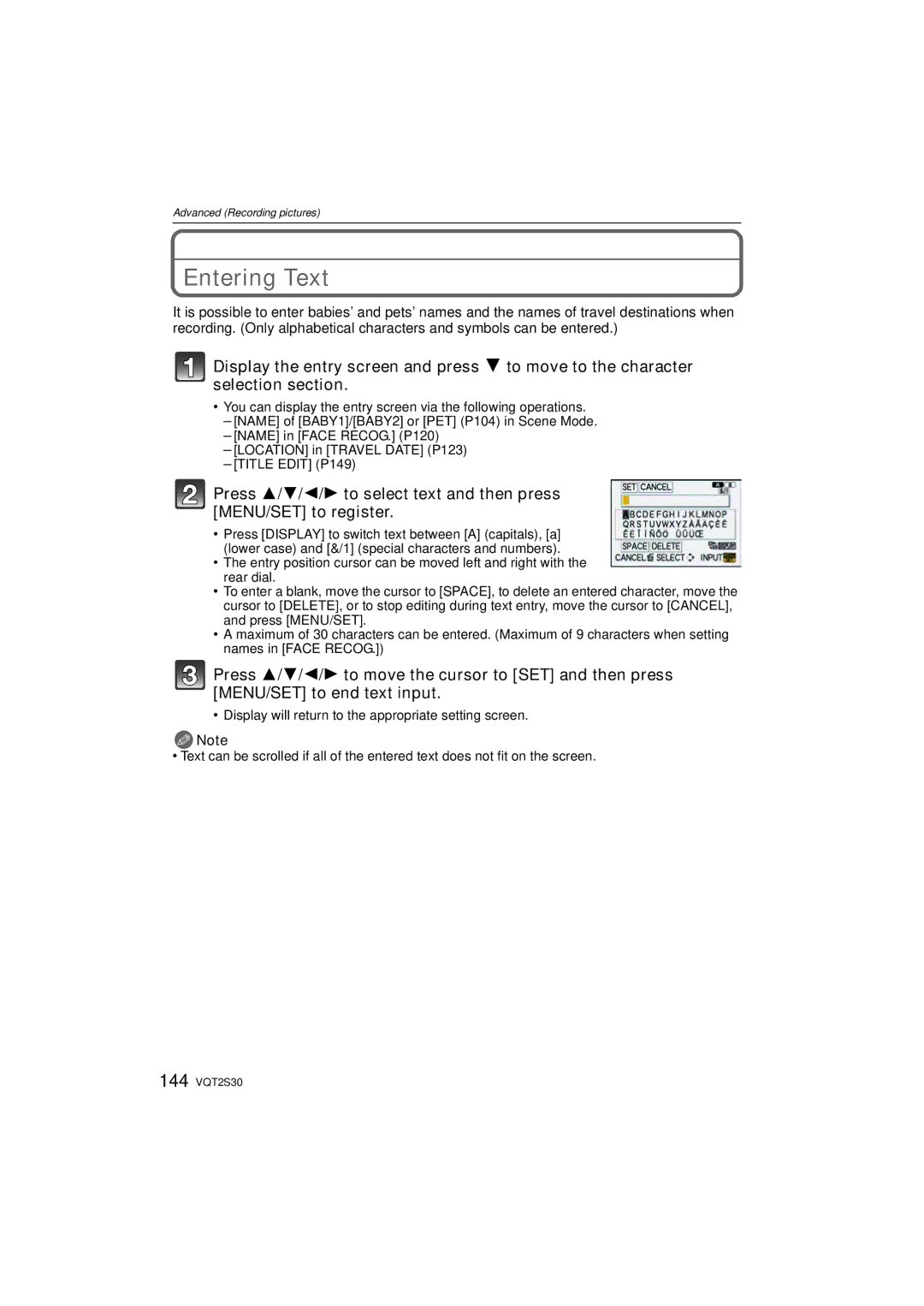 Panasonic DMC-G2K operating instructions Entering Text 