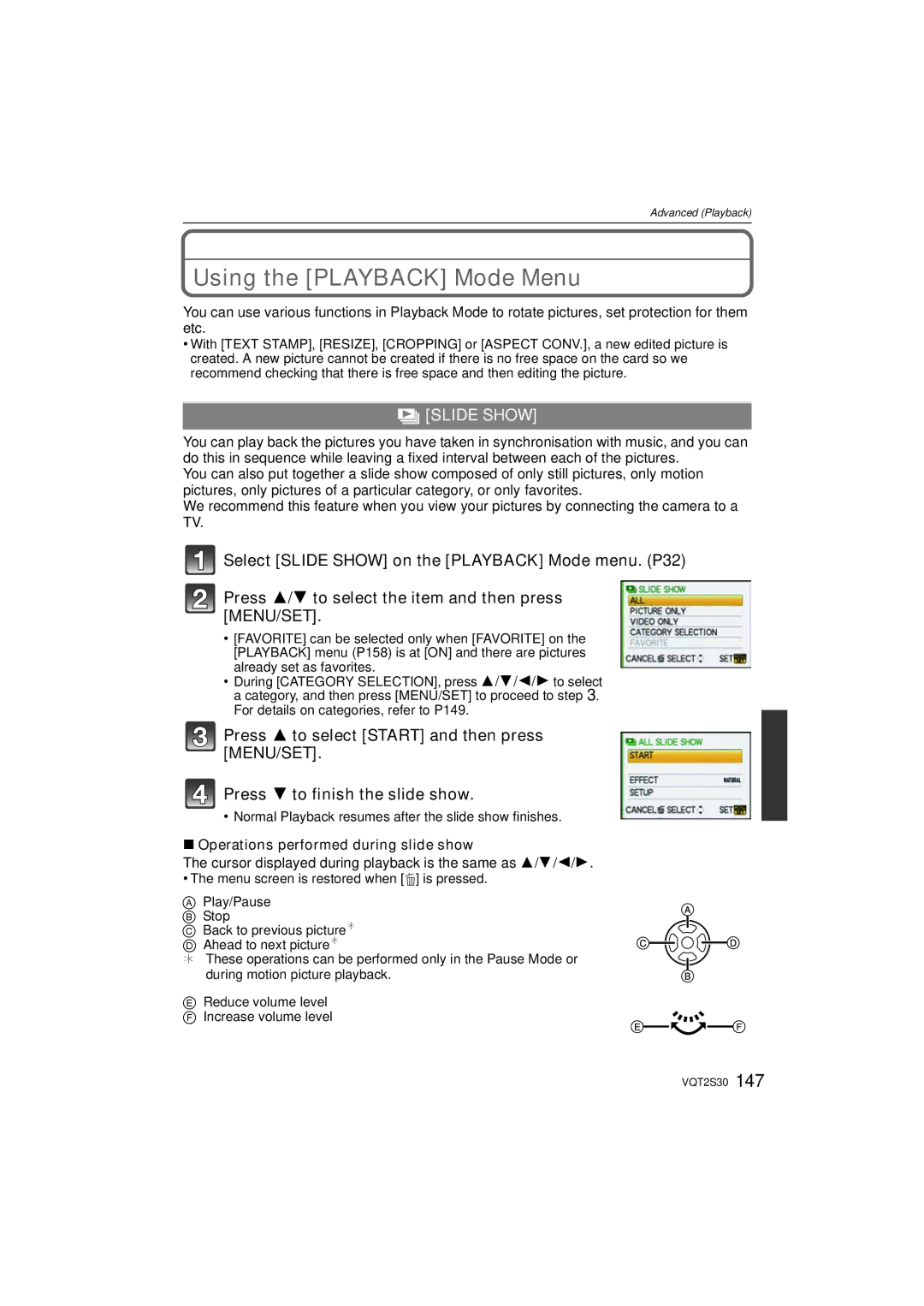 Panasonic DMC-G2K operating instructions Using the Playback Mode Menu, Slide Show, Operations performed during slide show 