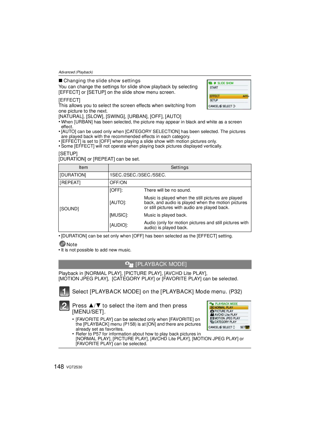 Panasonic DMC-G2K Playback Mode, Changing the slide show settings, Effect, Setup, Duration or Repeat can be set 