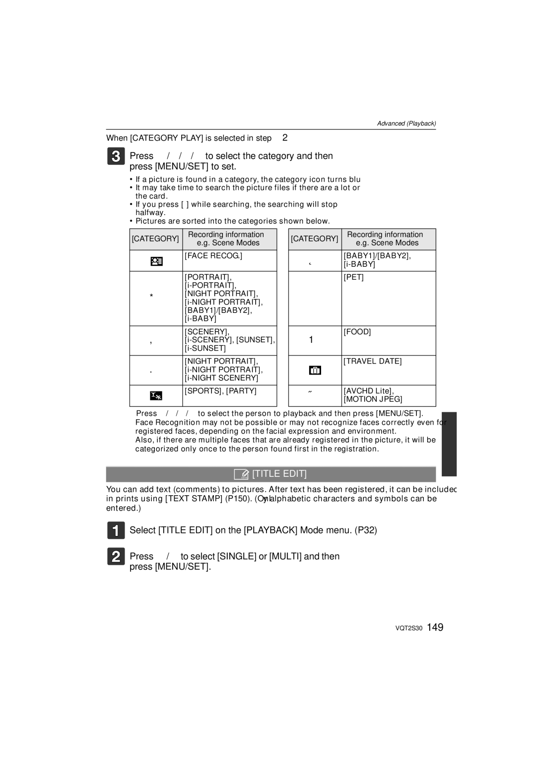 Panasonic DMC-G2K Title Edit, When Category Play is selected in step, Recording information, Face RECOG.¢ 