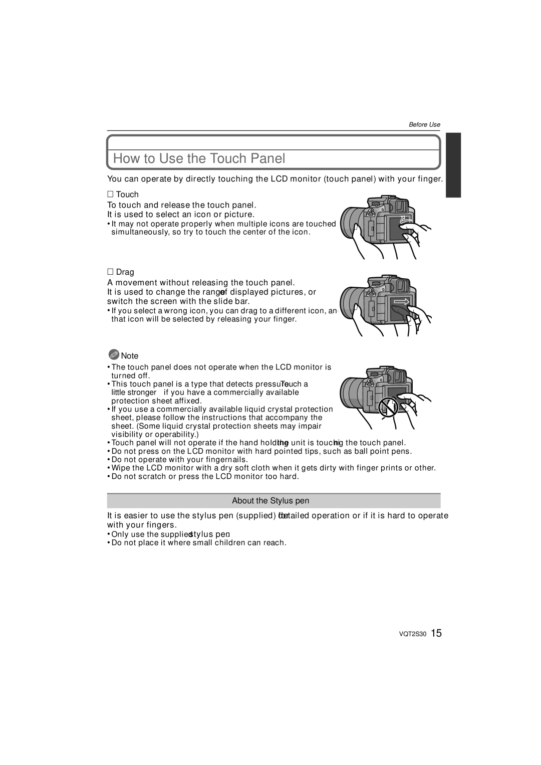 Panasonic DMC-G2K operating instructions How to Use the Touch Panel, Drag, About the Stylus pen 