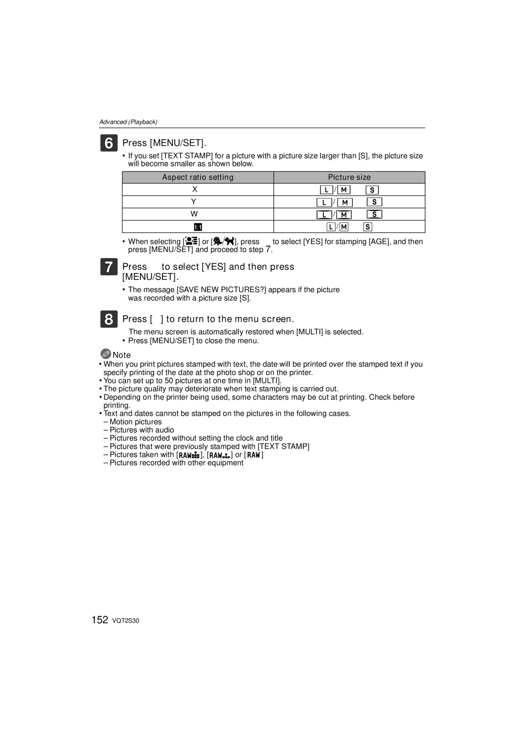 Panasonic DMC-G2K operating instructions Press MENU/SET, Aspect ratio setting Picture size 