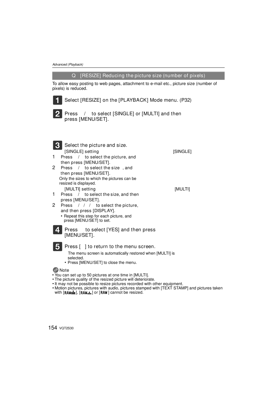 Panasonic DMC-G2K operating instructions Resize Reducing the picture size number of pixels, Single setting, Multi 