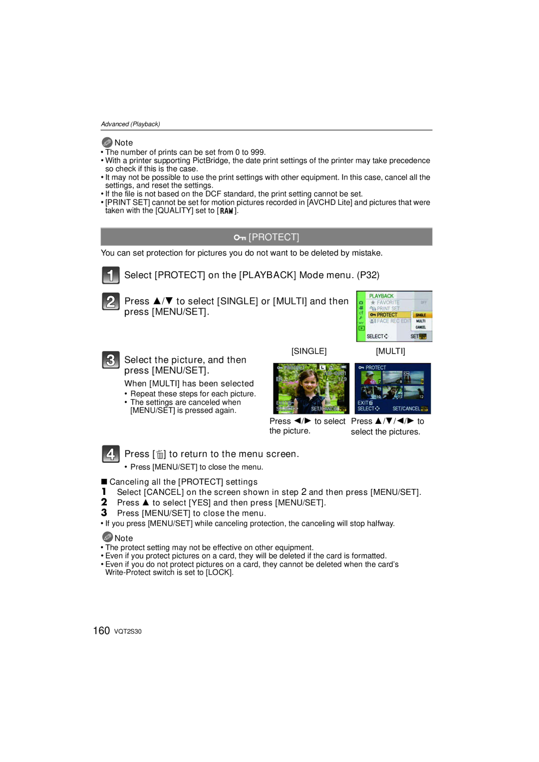 Panasonic DMC-G2K operating instructions Protect, When Multi has been selected, Repeat these steps for each picture 