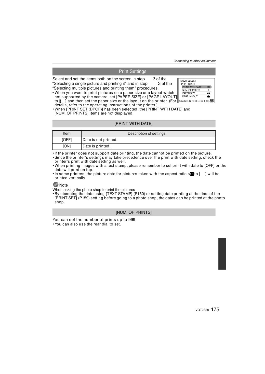 Panasonic DMC-G2K Print Settings, Print with Date, NUM. of Prints, You can set the number of prints up to, Off 