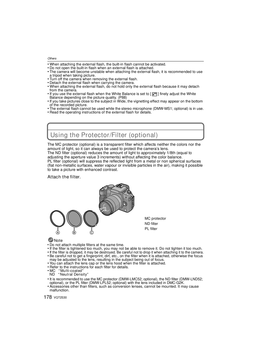 Panasonic DMC-G2K Using the Protector/Filter optional, Attach the filter, MCuMulti-coated NDuNeutral Density 