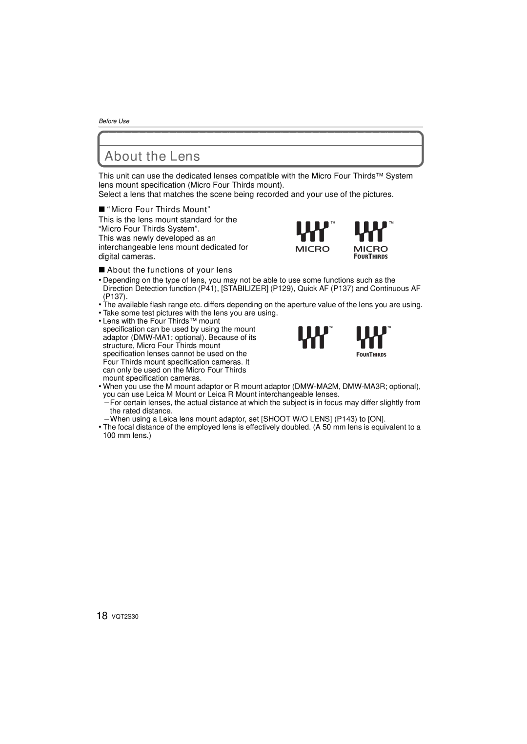 Panasonic DMC-G2K operating instructions About the Lens, Micro Four Thirds Mount, About the functions of your lens 