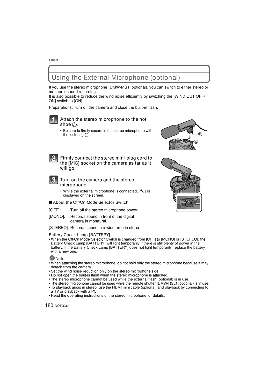 Panasonic DMC-G2K Using the External Microphone optional, Attach the stereo microphone to the hot shoe a 