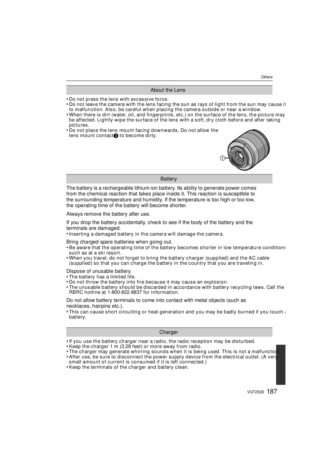 Panasonic DMC-G2K About the Lens, Battery, Bring charged spare batteries when going out, Dispose of unusable battery 