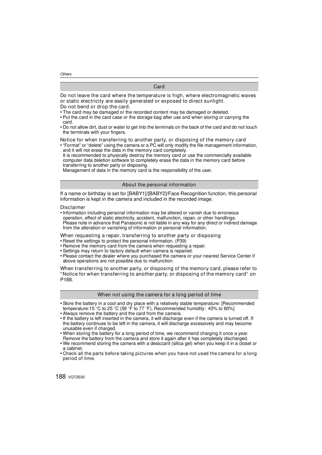 Panasonic DMC-G2K operating instructions Do not bend or drop the card, About the personal information, Disclaimer 