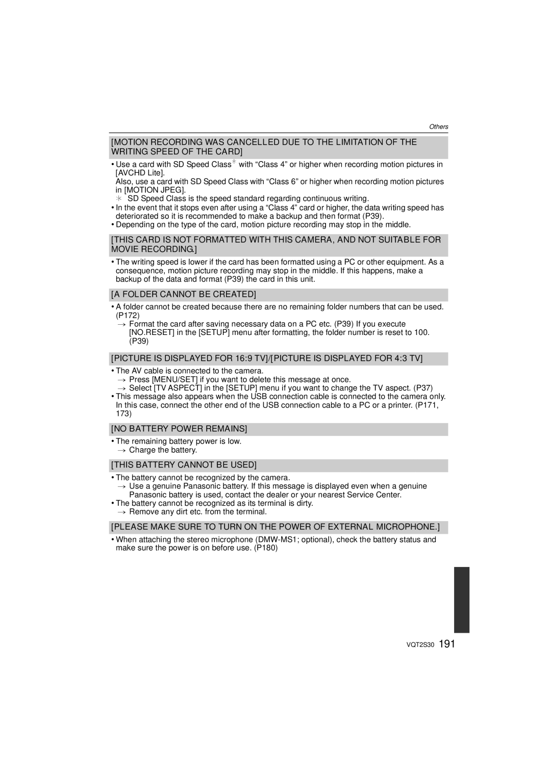 Panasonic DMC-G2K operating instructions Folder Cannot be Created, No Battery Power Remains, This Battery Cannot be Used 