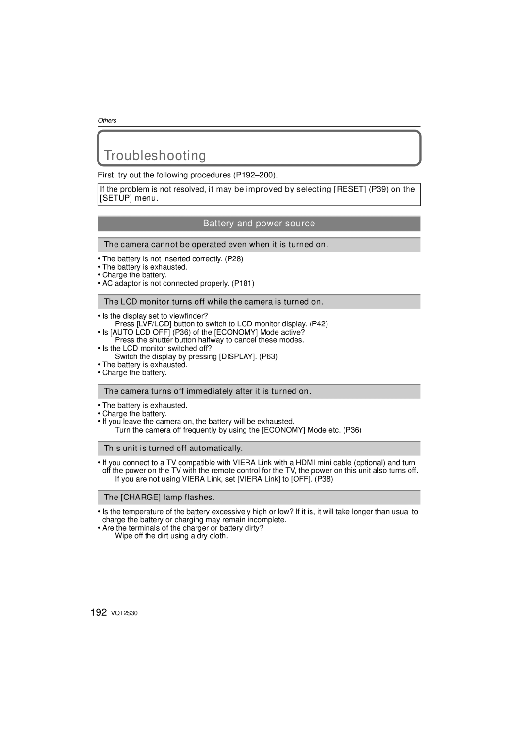 Panasonic DMC-G2K operating instructions Troubleshooting, Battery and power source 