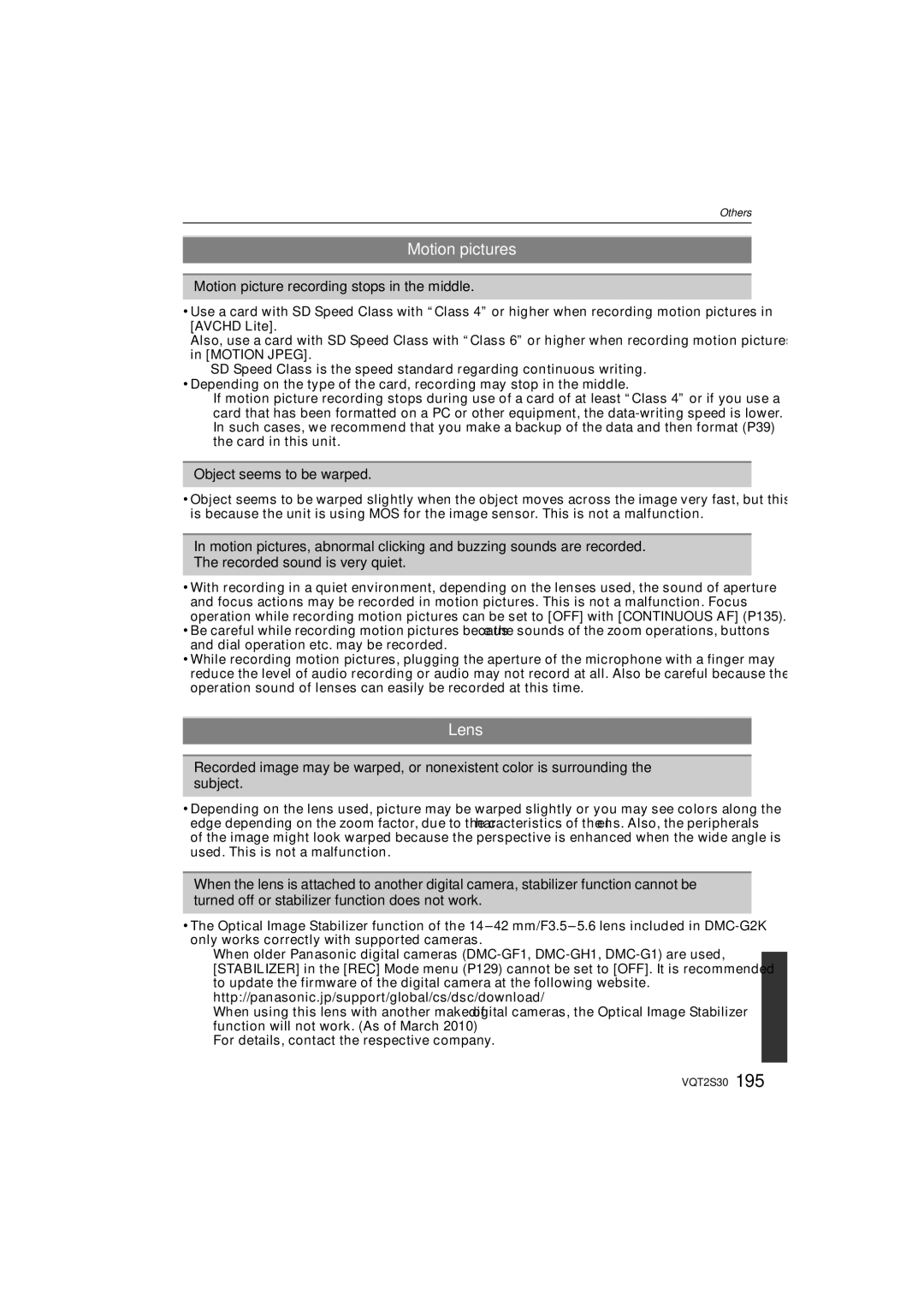 Panasonic DMC-G2K operating instructions Lens, Motion picture recording stops in the middle, Object seems to be warped 