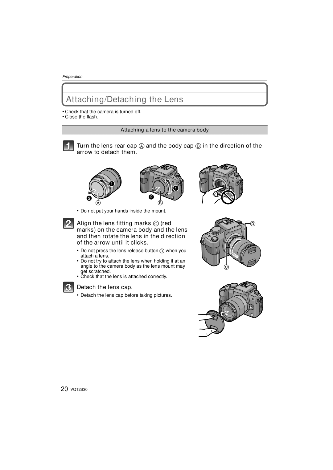 Panasonic DMC-G2K Attaching/Detaching the Lens, Detach the lens cap, Attaching a lens to the camera body 