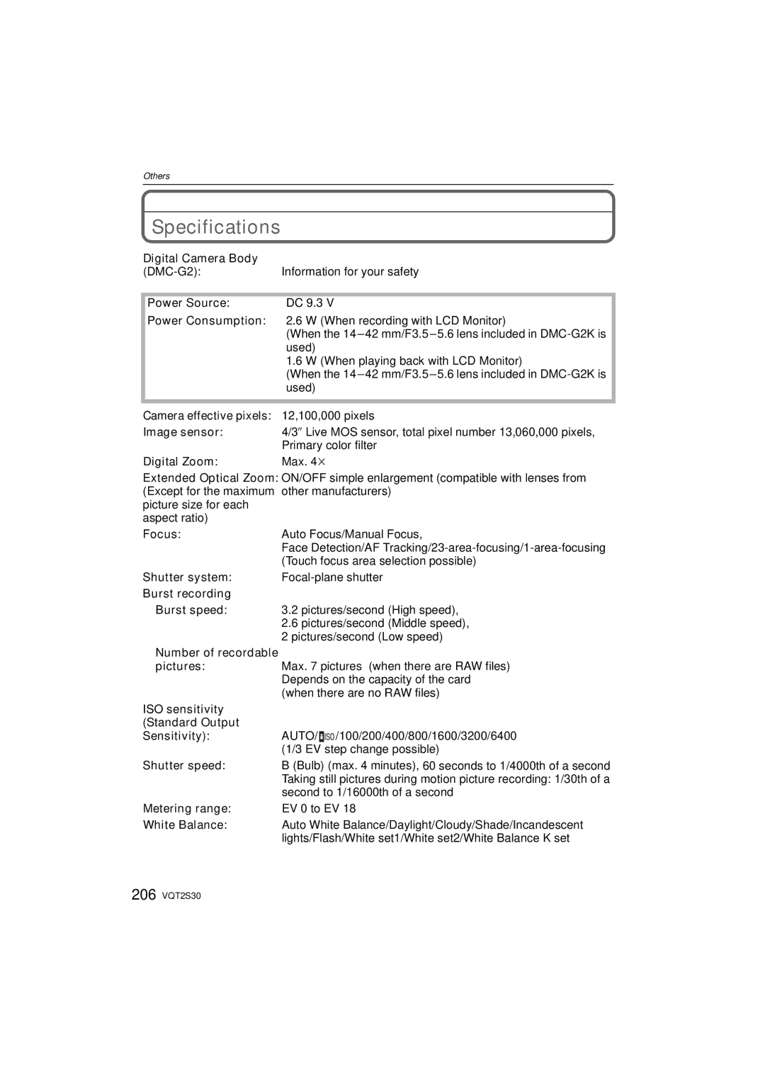 Panasonic DMC-G2K operating instructions Specifications 