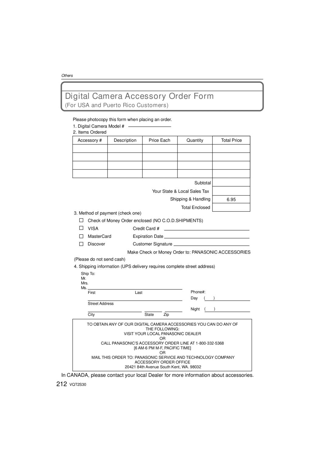 Panasonic DMC-G2K operating instructions Digital Camera Accessory Order Form, For USA and Puerto Rico Customers 