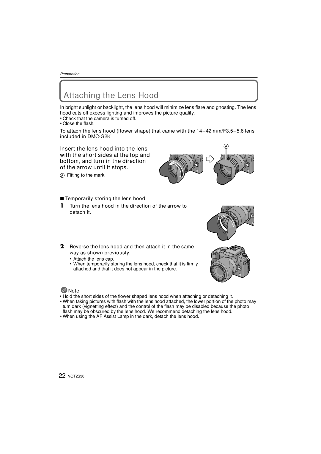 Panasonic DMC-G2K operating instructions Attaching the Lens Hood, Fitting to the mark 