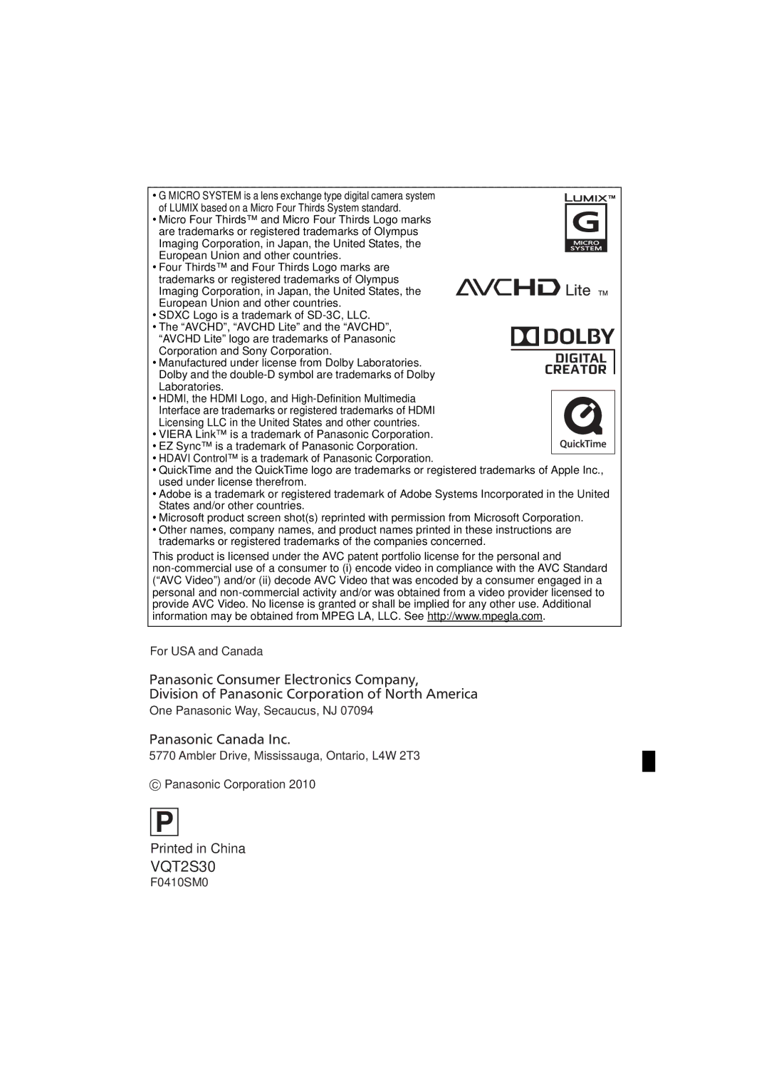 Panasonic DMC-G2K operating instructions F0410SM0 