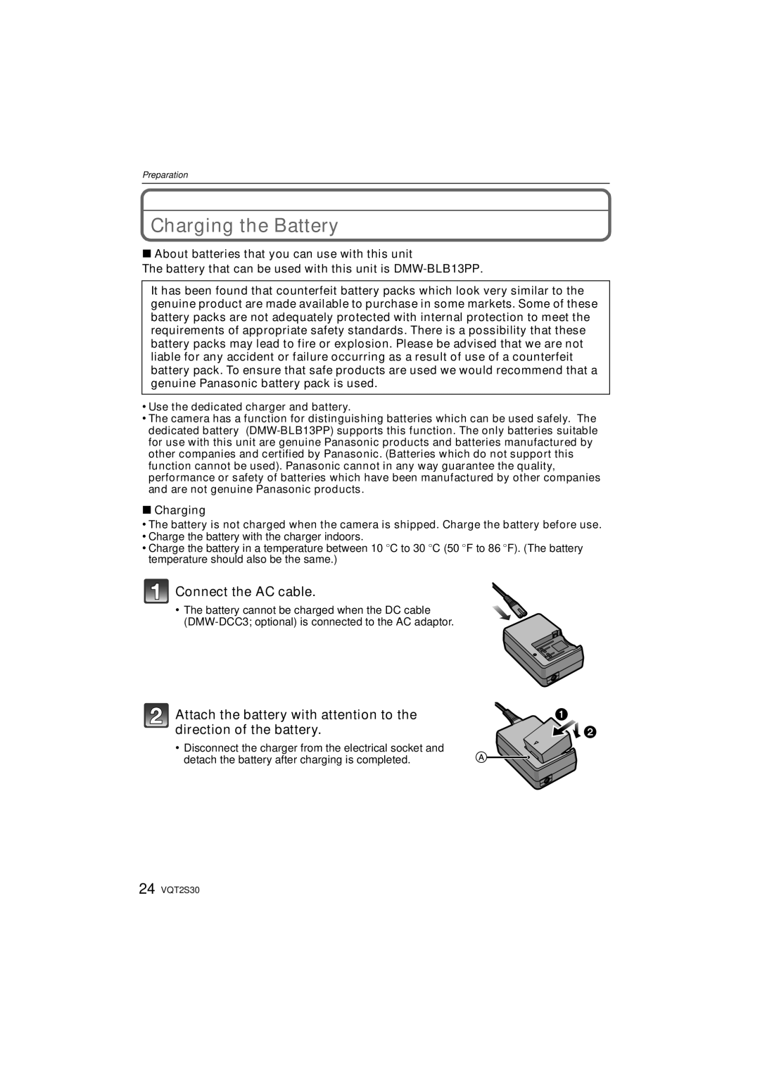 Panasonic DMC-G2K operating instructions Charging the Battery, Connect the AC cable 