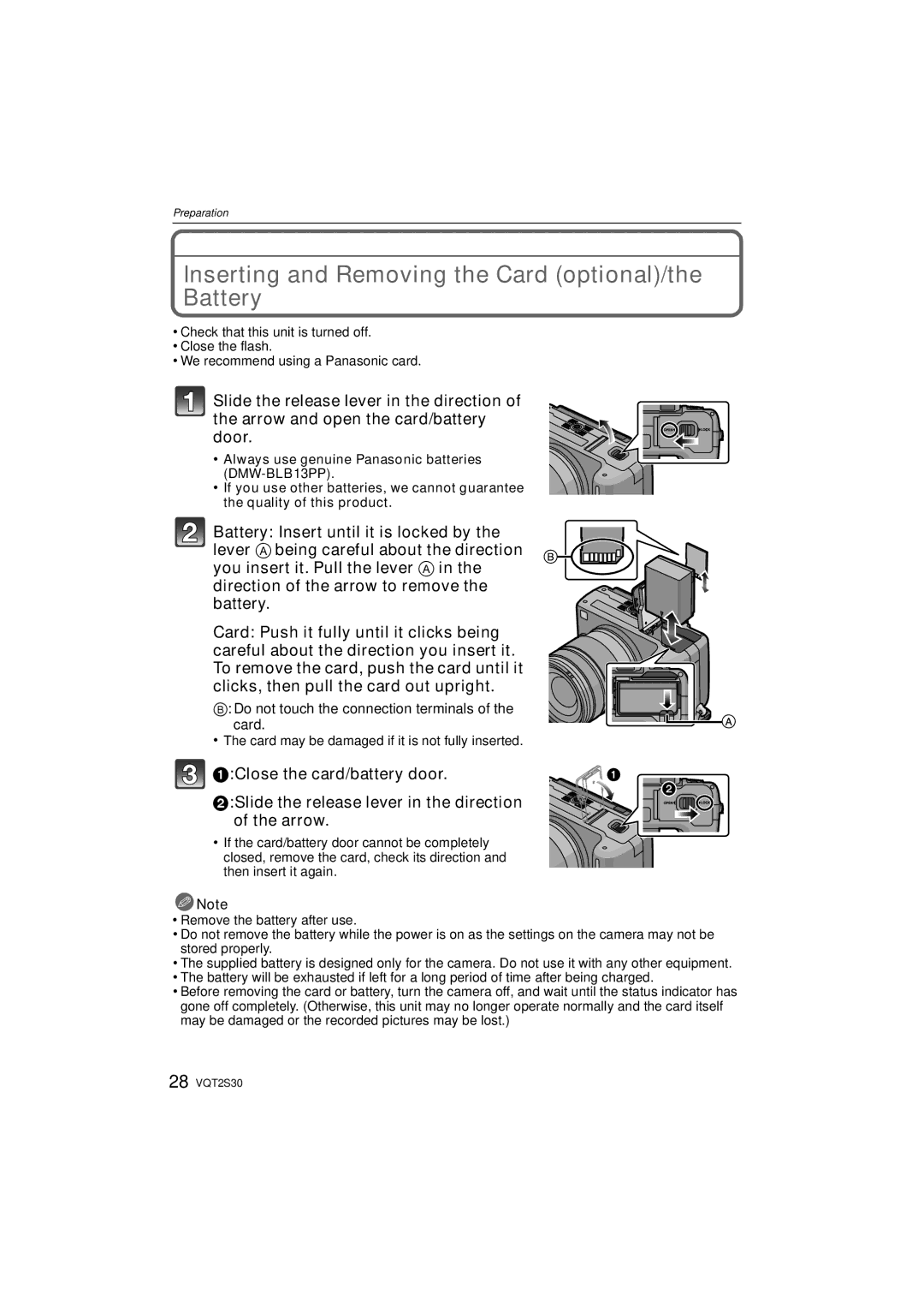 Panasonic DMC-G2K Inserting and Removing the Card optional/the Battery, Do not touch the connection terminals of the card 