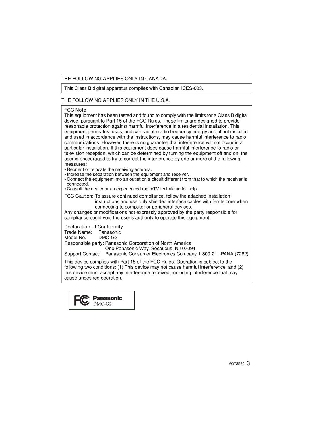 Panasonic DMC-G2K operating instructions Following Applies only in Canada, Following Applies only in the U.S.A, FCC Note 