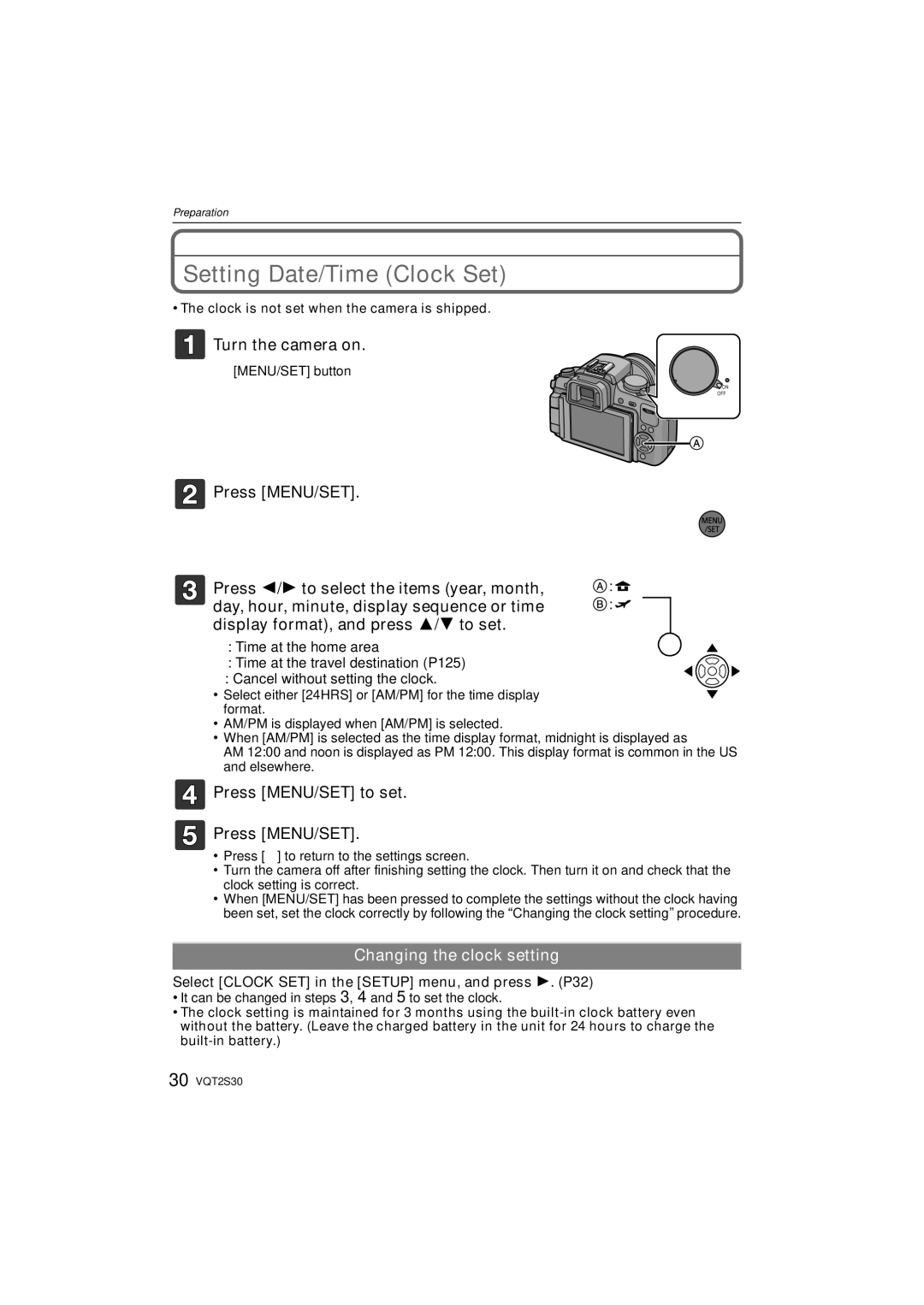 Panasonic DMC-G2K Setting Date/Time Clock Set, Turn the camera on, Press MENU/SET to set, Changing the clock setting 