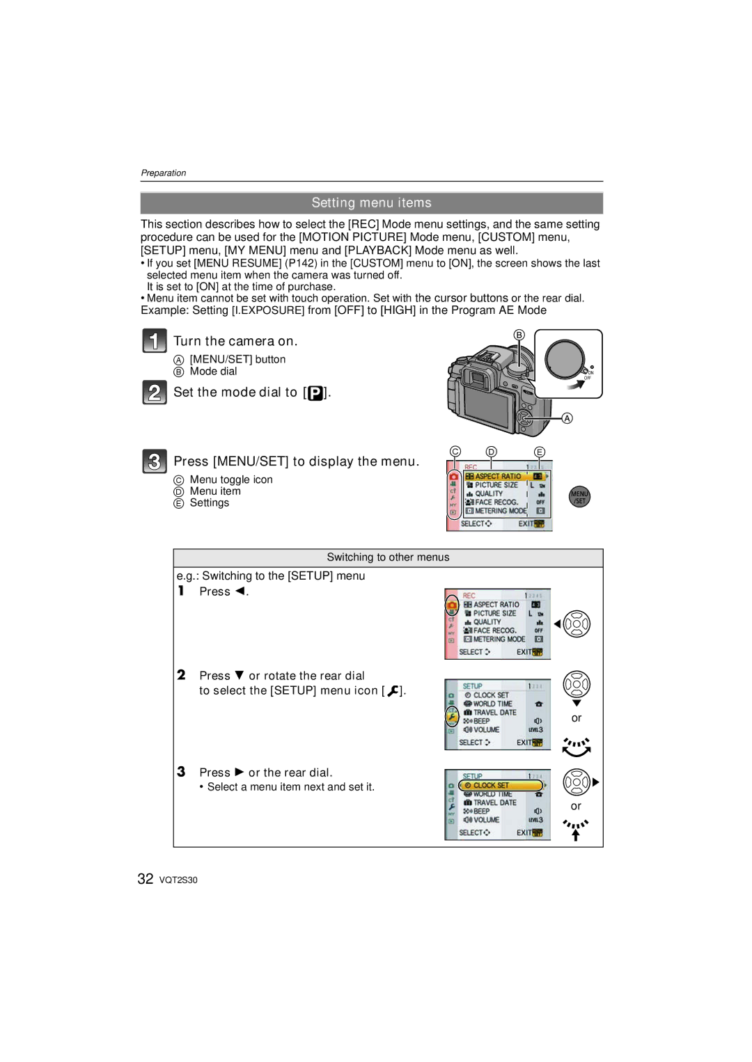 Panasonic DMC-G2K Setting menu items, Set the mode dial to Press MENU/SET to display the menu, Switching to the Setup menu 