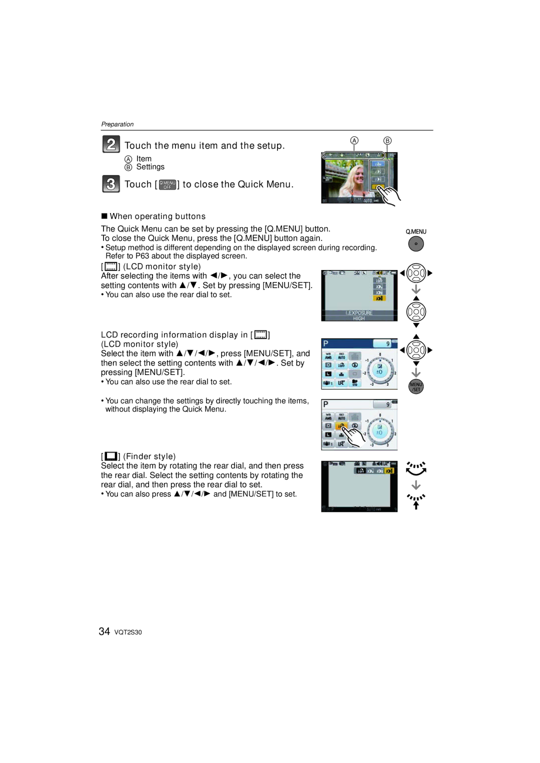 Panasonic DMC-G2K operating instructions Touch the menu item and the setup, Touch to close the Quick Menu 