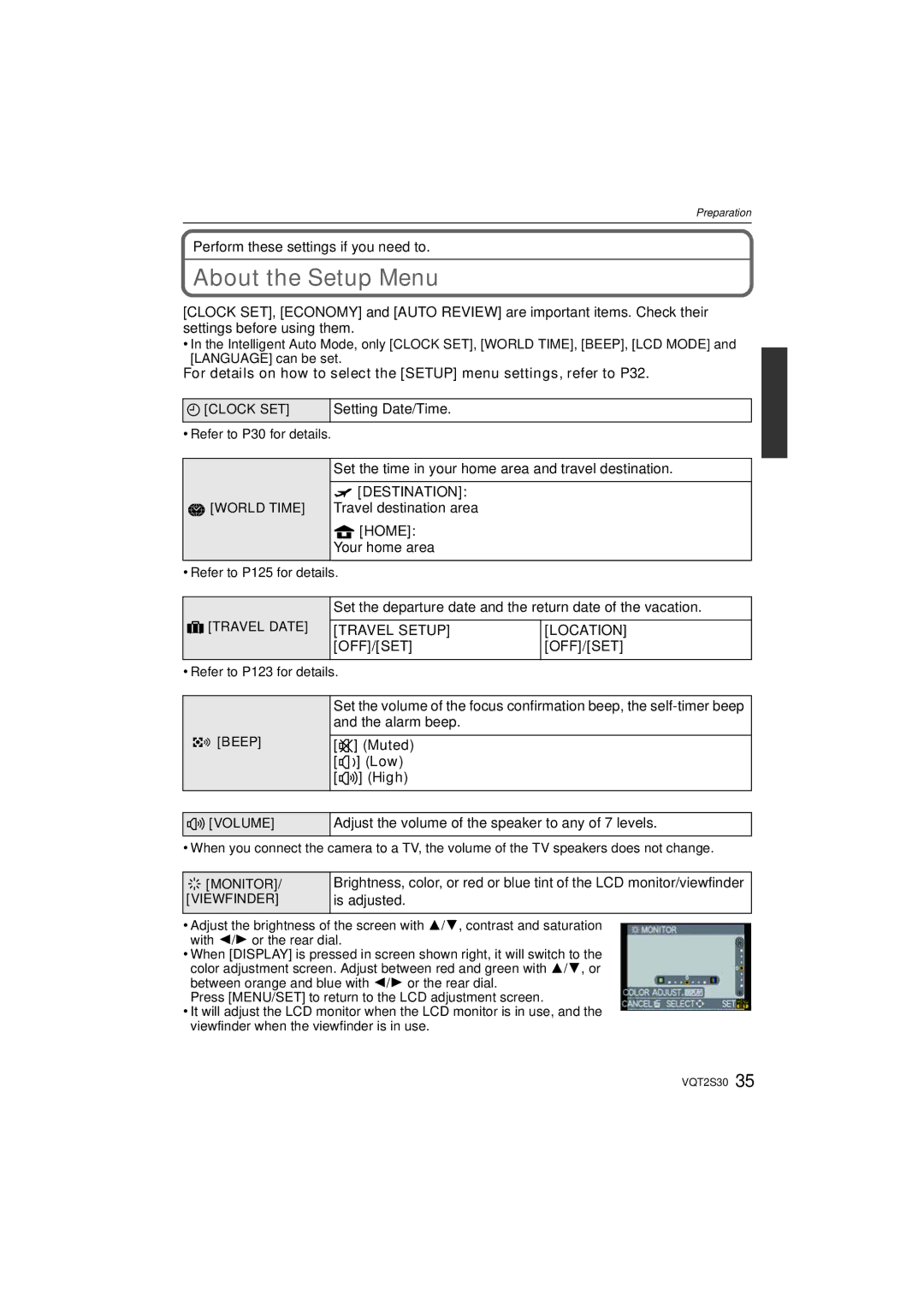 Panasonic DMC-G2K About the Setup Menu, Destination Travel destination area Home Your home area, Muted t Low u High 