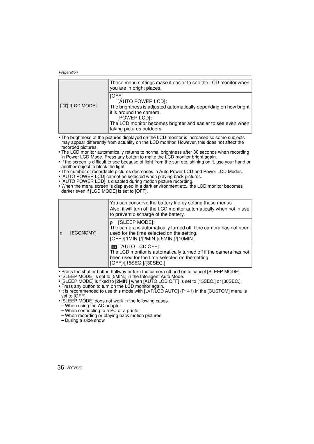 Panasonic DMC-G2K operating instructions OFF „ Auto Power LCD, … Power LCD, Auto LCD OFF 