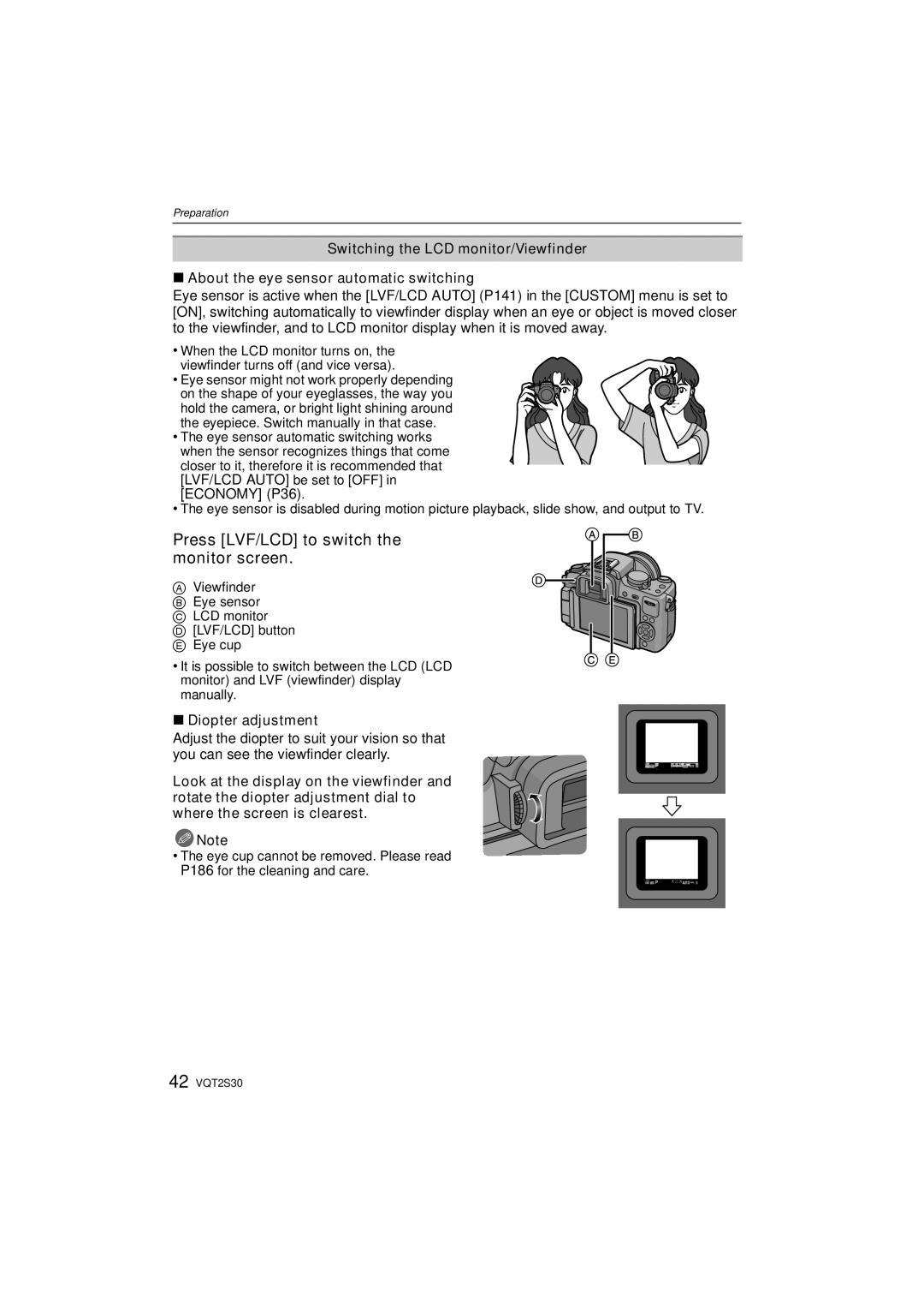 Panasonic DMC-G2K operating instructions Press LVF/LCD to switch the monitor screen, Diopter adjustment 