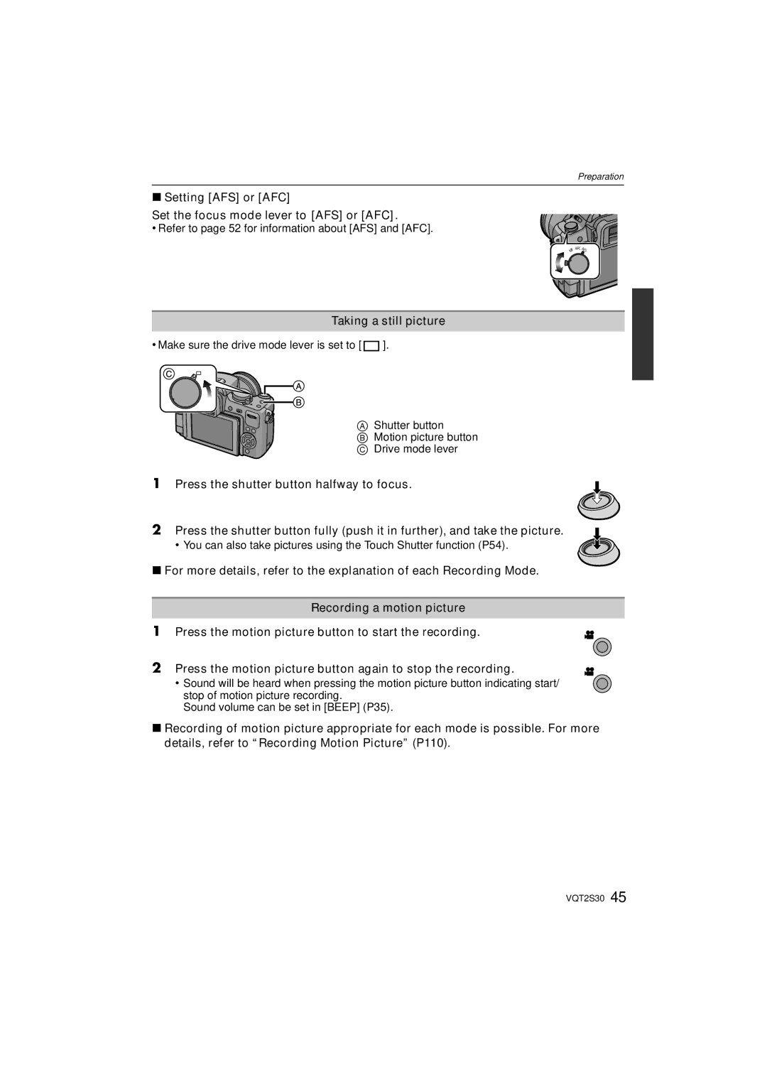 Panasonic DMC-G2K operating instructions Setting AFS or AFC Set the focus mode lever to AFS or AFC, Taking a still picture 