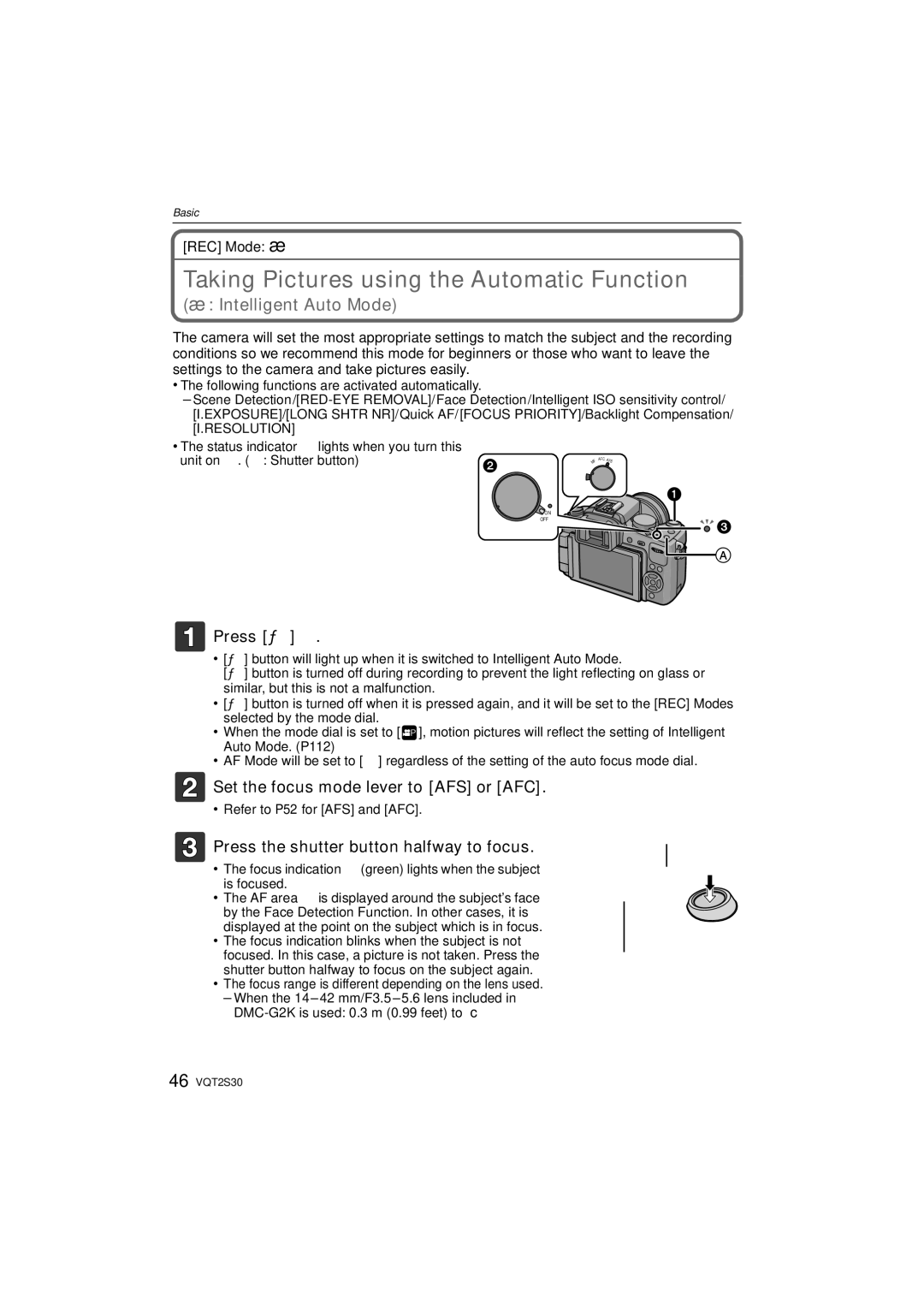 Panasonic DMC-G2K Taking Pictures using the Automatic Function, Set the focus mode lever to AFS or AFC, REC Mode ñ 