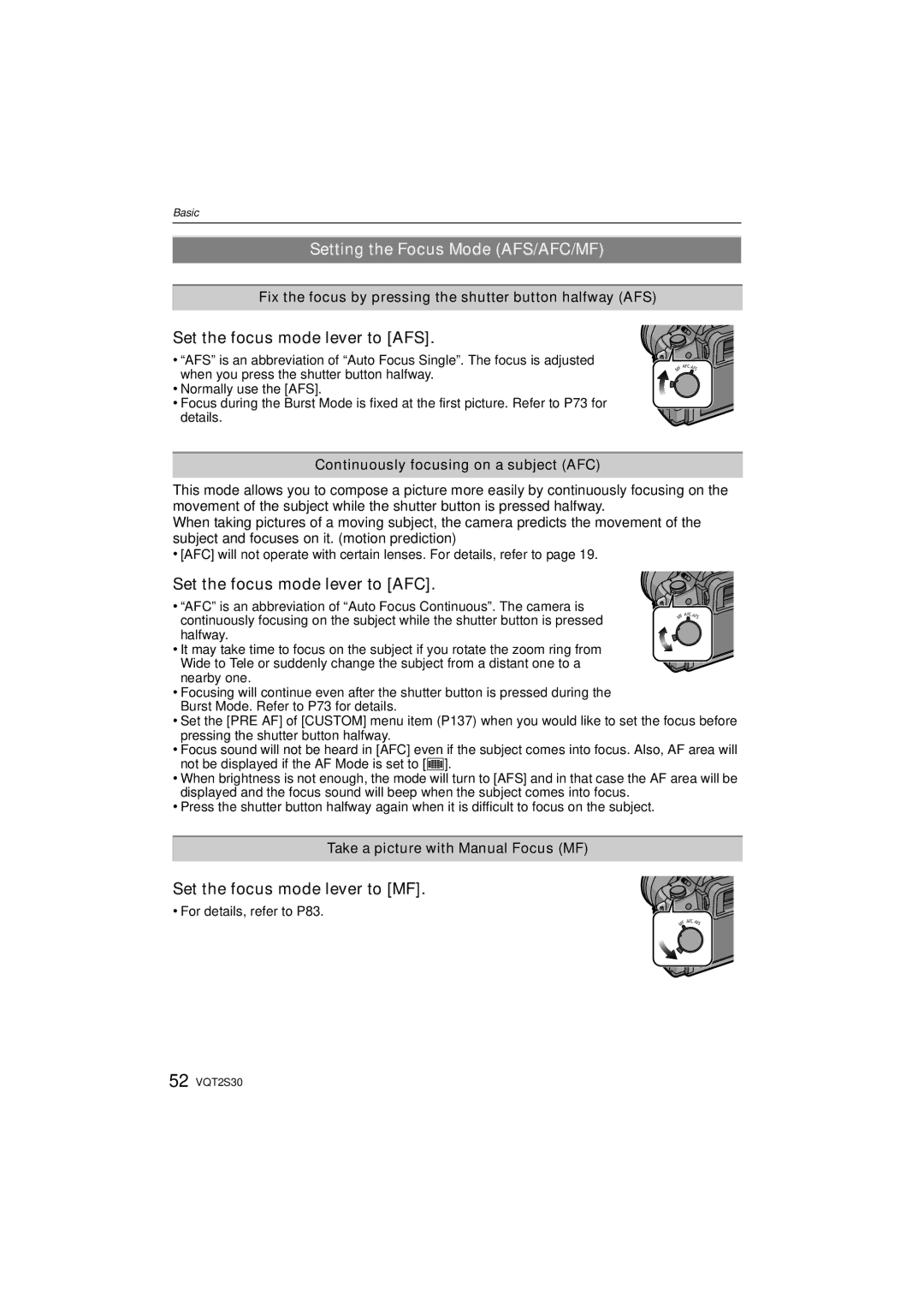 Panasonic DMC-G2K Setting the Focus Mode AFS/AFC/MF, Set the focus mode lever to AFS, Set the focus mode lever to AFC 