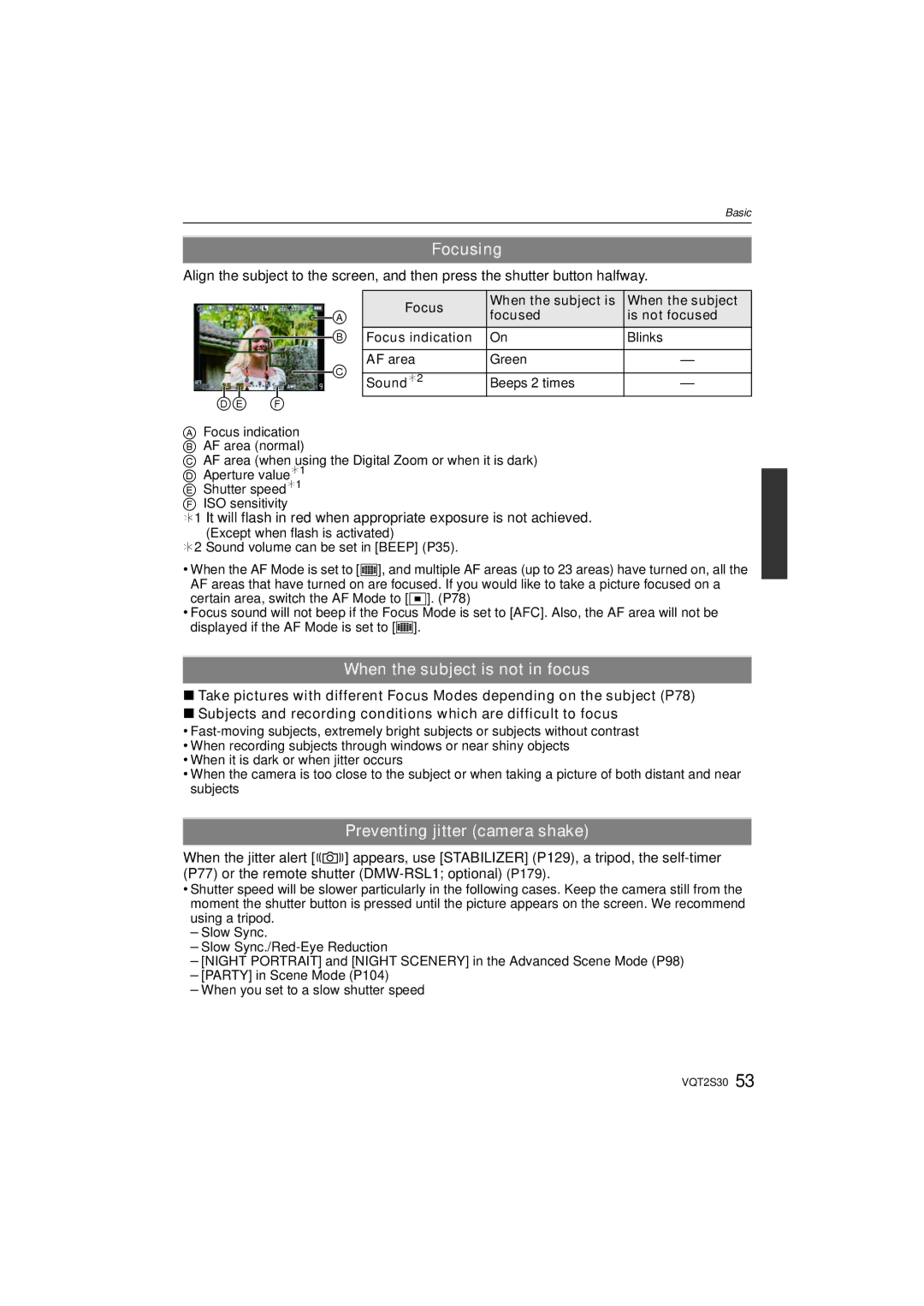 Panasonic DMC-G2K operating instructions Focusing, When the subject is not in focus, Preventing jitter camera shake 