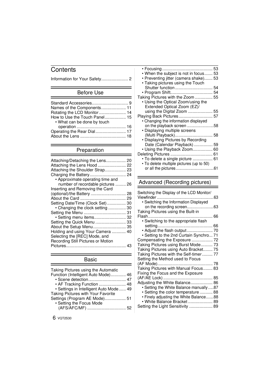 Panasonic DMC-G2K operating instructions Contents 