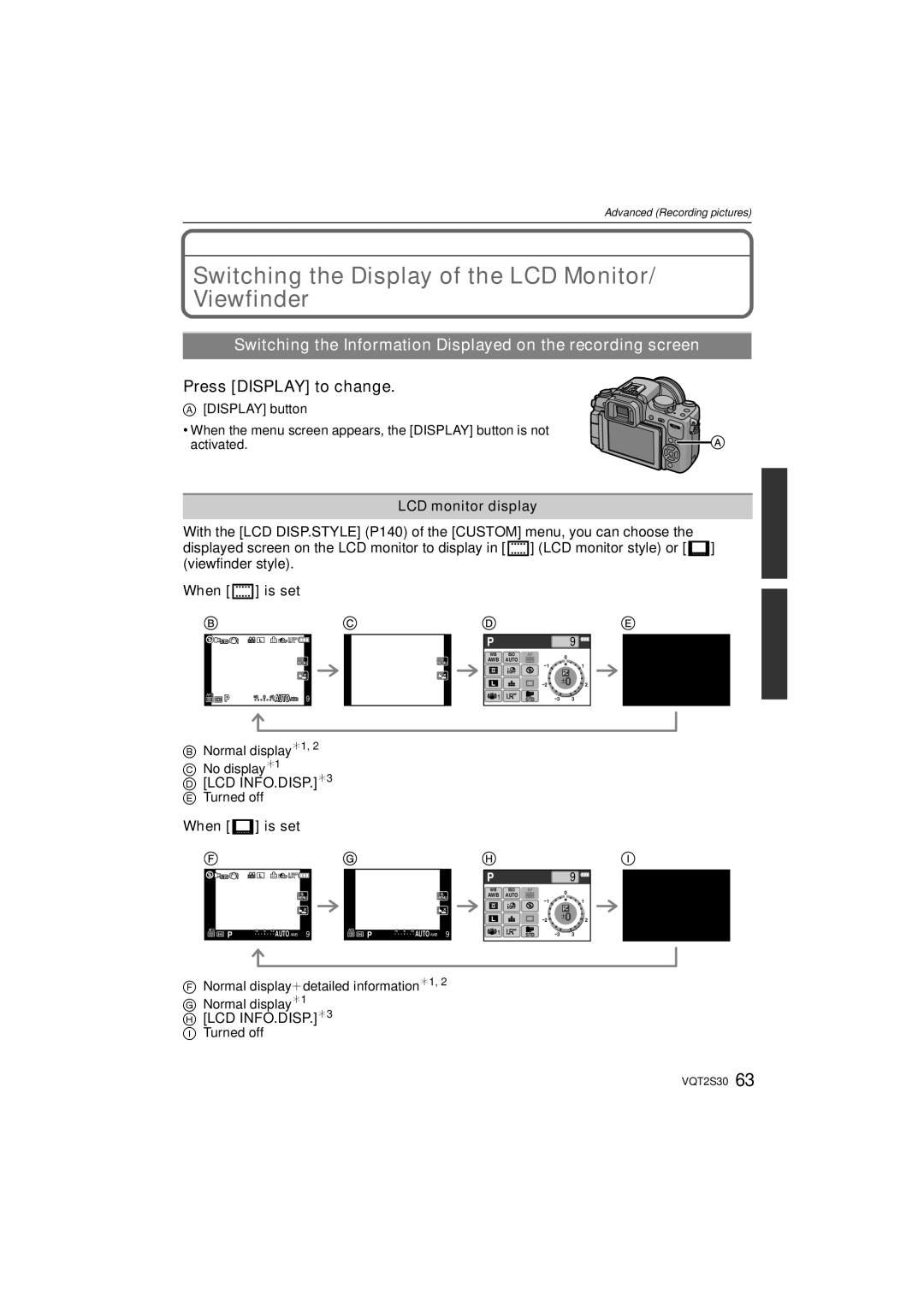 Panasonic DMC-G2K Switching the Display of the LCD Monitor/ Viewfinder, Press Display to change, LCD monitor display 