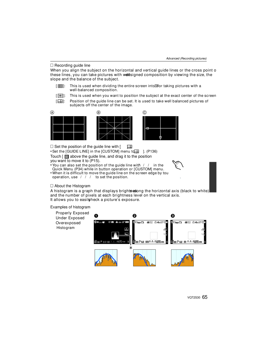 Panasonic DMC-G2K operating instructions Recording guide line, Set the position of the guide line with, About the Histogram 