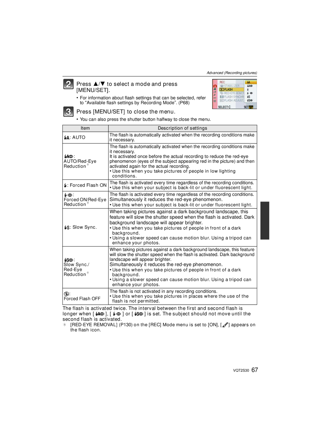 Panasonic DMC-G2K Press 3/4 to select a mode and press MENU/SET, Simultaneously it reduces the red-eye phenomenon 