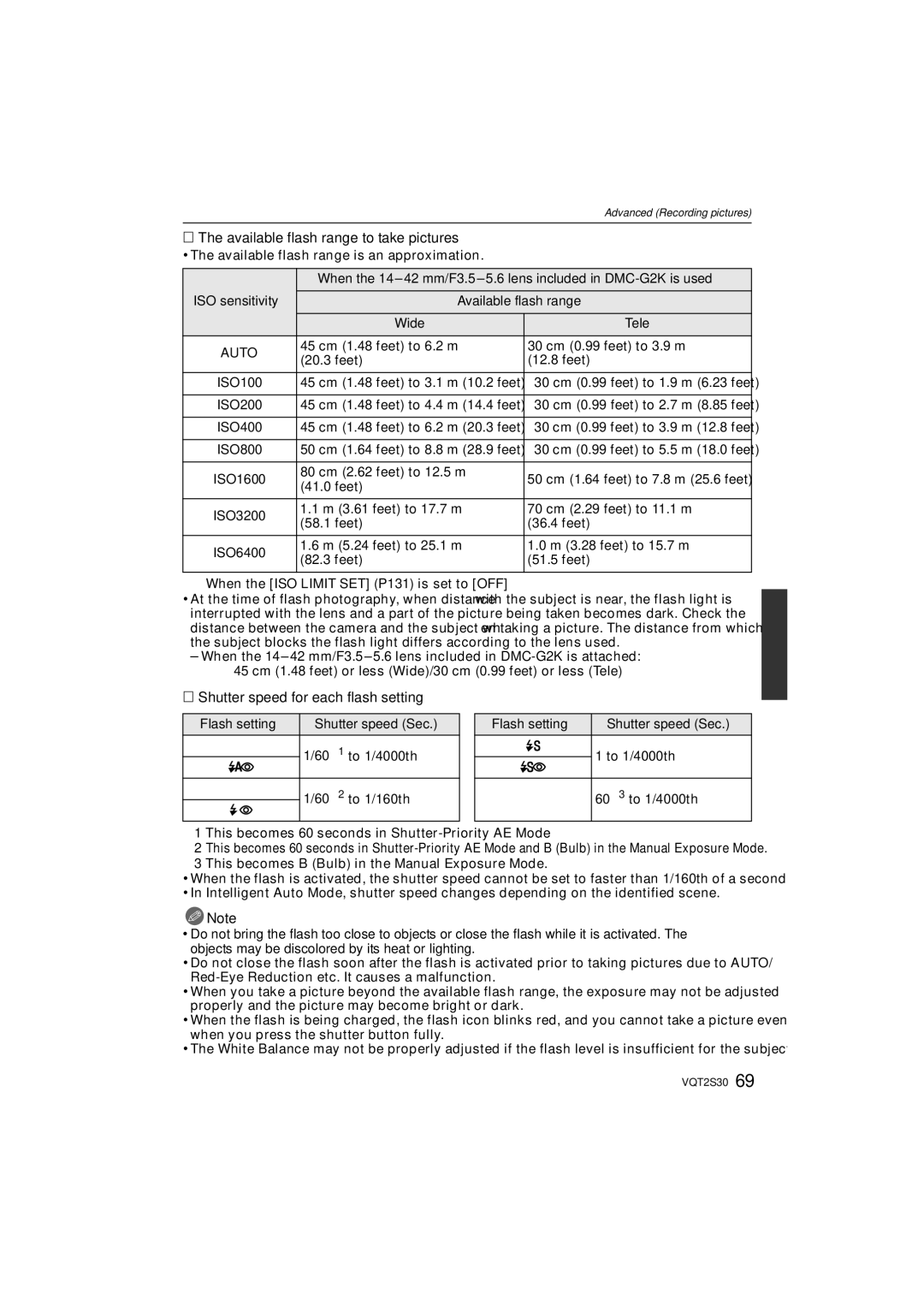 Panasonic DMC-G2K operating instructions Available flash range to take pictures, Shutter speed for each flash setting, Auto 