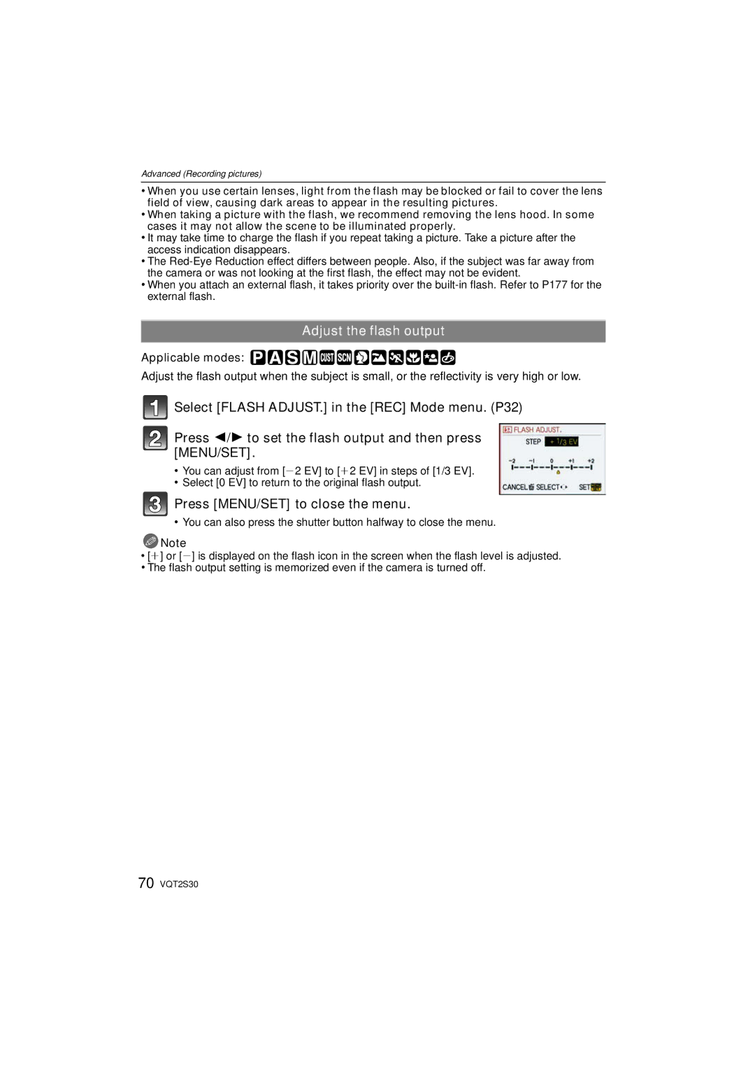 Panasonic DMC-G2K operating instructions Adjust the flash output, Applicable modes 