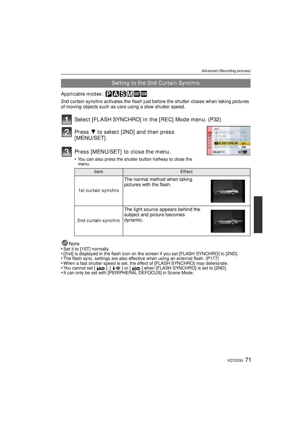 Panasonic DMC-G2K operating instructions Setting to the 2nd Curtain Synchro, Normal method when taking, Dynamic, Effect 