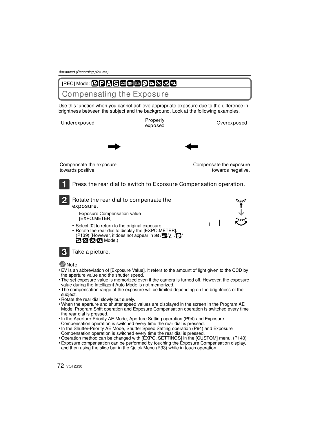 Panasonic DMC-G2K operating instructions Compensating the Exposure, Take a picture, Underexposed Properly, Exposed 