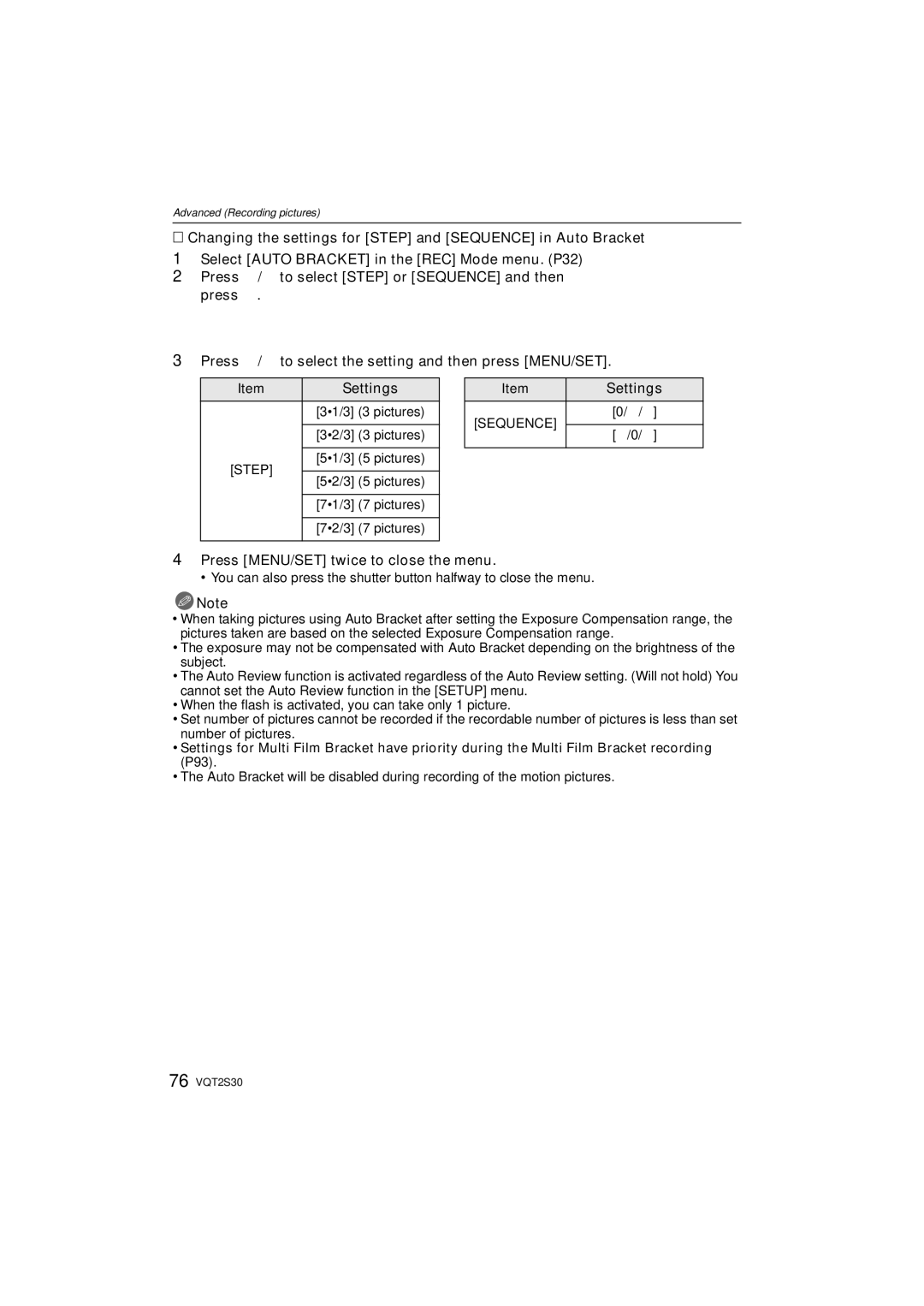 Panasonic DMC-G2K operating instructions Press MENU/SET twice to close the menu, `/0 