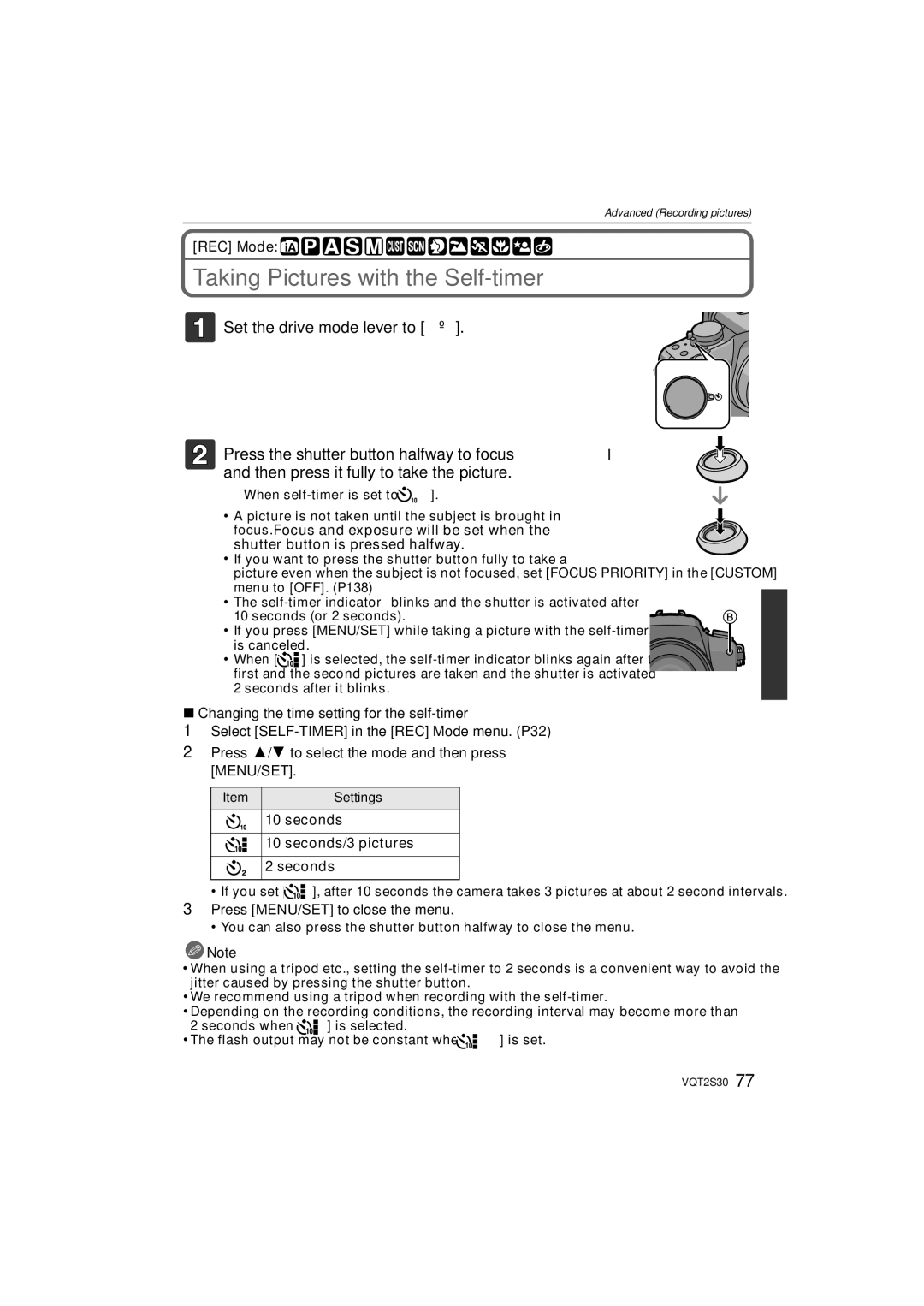 Panasonic DMC-G2K operating instructions Taking Pictures with the Self-timer, Seconds/3 pictures 