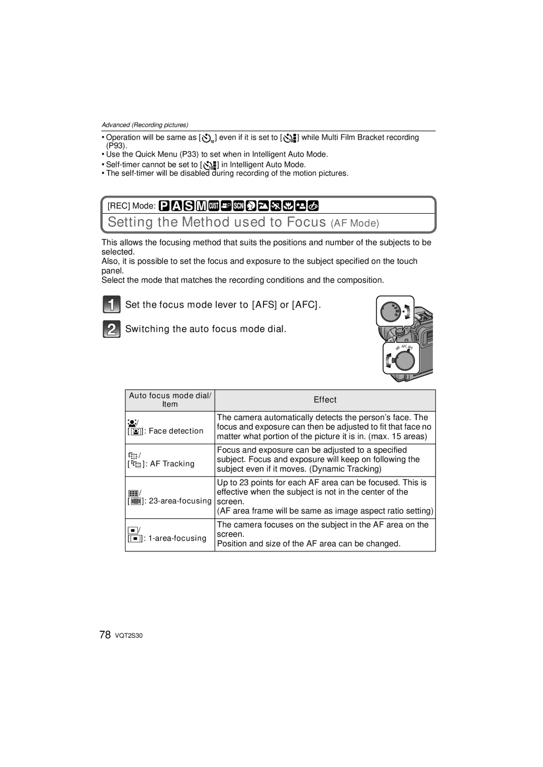 Panasonic DMC-G2K operating instructions Setting the Method used to Focus AF Mode 