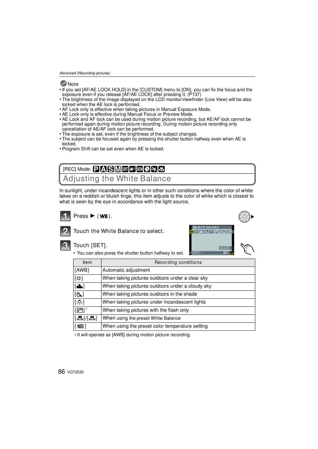 Panasonic DMC-G2K operating instructions Adjusting the White Balance, Press Touch the White Balance to select Touch SET 