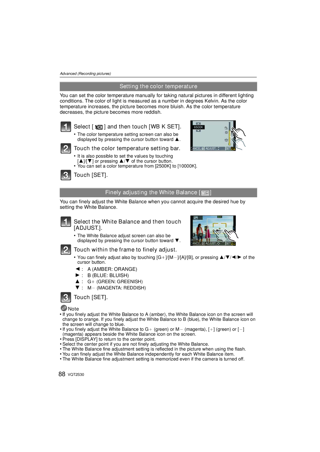 Panasonic DMC-G2K operating instructions Setting the color temperature, Finely adjusting the White Balance 