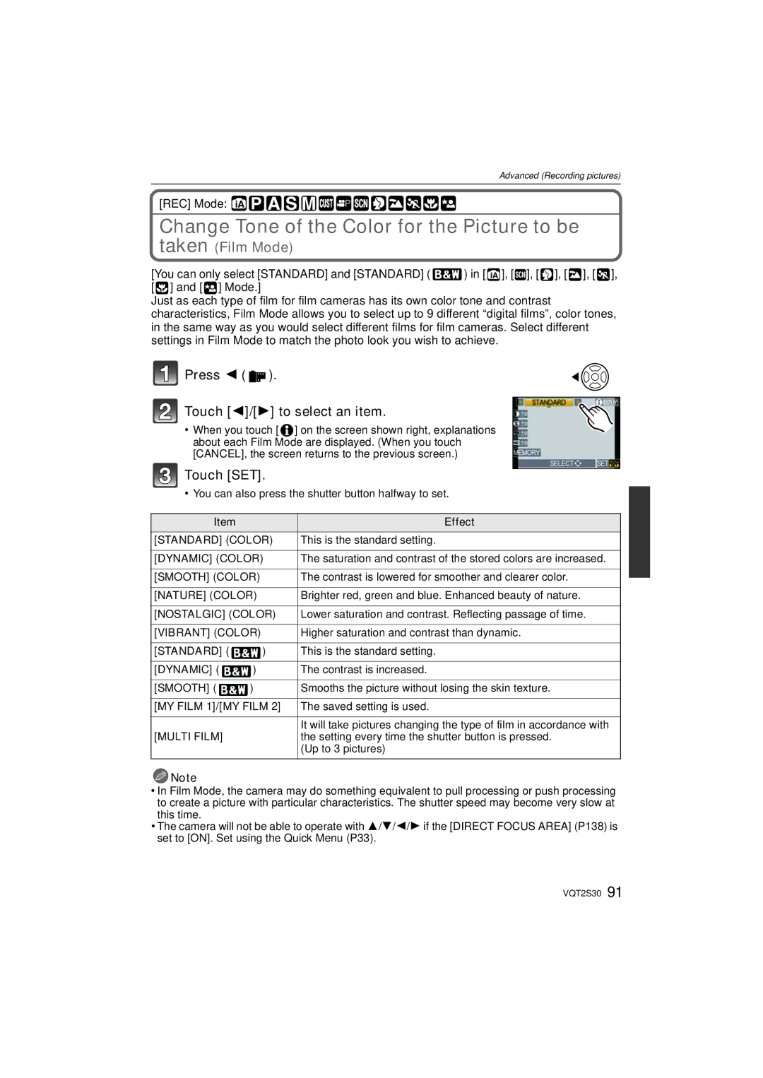 Panasonic DMC-G2K operating instructions Change Tone of the Color for the Picture to be, Press Touch 2/1 to select an item 